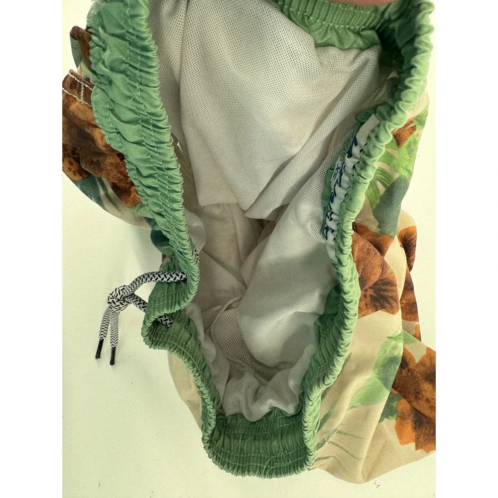 Maamgic Swim Trunks Mens XS Tan Green Tropical Floral Mesh Lined Board‎ Shorts